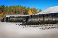Stacks of black pvc plastic pipe outdoors with selective focus Royalty Free Stock Photo