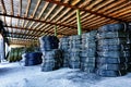 Stacks of black pvc plastic pipe outdoors with selective focus Royalty Free Stock Photo