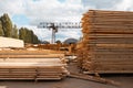 Stacks of boards on timber mill warehouse