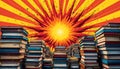 Stacks of Books with Comic Pop Art Sunburst Background - Explosion of Knowledge Royalty Free Stock Photo