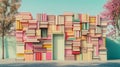 Stacks of Books Constructing a Wall with Doorway and Blooming Tree Royalty Free Stock Photo