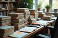 Stacks of books and journals neatly arranged on desk in library. Sticky notes mark important pages. Study and learning, research, Royalty Free Stock Photo
