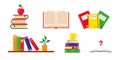 Stacks of books, shelf and school notebooks. Royalty Free Stock Photo