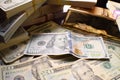 Stacks Of Cash With Gold Bar Macro Close Up High Quality Royalty Free Stock Photo