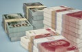 Stacks of chinese 100 Yuan bills and 100 Dollar bills.