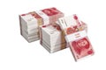 Stacks of chinese 100 Yuan bills isolate on white