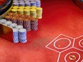 Stacks of chips for a roulette game in the casino of onboard a cruise ship Royalty Free Stock Photo