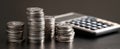 The stacks of coins alongside a calculator for financial planning and budgeting..AI generated image Royalty Free Stock Photo