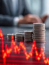 Stacks of coins arranged in ascending order with a blurred businessman in the background and a red fluctuating financial graph Royalty Free Stock Photo