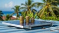 Stacks of coins are balanced on top of a solar panel installed on a flat roof. The coins glisten in the sunlight