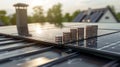 Stacks of coins are balanced on top of a solar panel installed on a flat roof. The coins glisten in the sunset