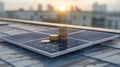 Stacks of coins are balanced on top of a solar panel installed on a flat roof. The coins glisten in the sunset