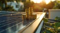 Stacks of coins are balanced on top of a solar panel installed on a flat roof. The coins glisten in the sunset