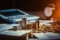 Stacks of coins with a calculator and clock in the background