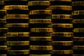 Stacks of coins closeup. Money textured background. Dark brown business wallpaper made of many coin edges. Image with high Royalty Free Stock Photo
