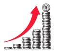 Stacks of coins with dollar sign coin on top and red arrow going up. Diagram of economic growth, business success, money Royalty Free Stock Photo