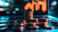 Stacks of coins with financial chart in the background Royalty Free Stock Photo