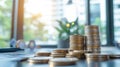 Stacks of coins on financial documents with bright office background Royalty Free Stock Photo