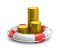 Stacks of coins inside lifebuoy Royalty Free Stock Photo