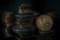 Stacks of Coins One Dollar Coin Blurred Background Dramatic Light Macro Royalty Free Stock Photo