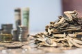 Stacks of coins and pile of sunflower seeds on  the white table Royalty Free Stock Photo