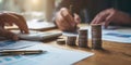 The stacks of coins showcasing financial growth and monetary calculations in an office setting. AI generated image Royalty Free Stock Photo