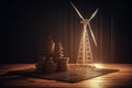 Stacks of coins with solar panels and windmill on background . Return on investment on clean energy