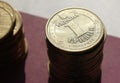 stacks of coins from the Ukrainian bank. Coins of Ukrainian type: Kopek. Concept of banking, taxes, debt, with a blurred Royalty Free Stock Photo