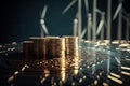 Stacks of coins with windmills on background. Return on investment on renewable Wind energy