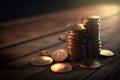Stacks of coins on wooden table. Financial concept. Selective focus. Royalty Free Stock Photo