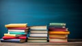 Stacks of Colorful Books Arranged on Wooden Table Against Blue Background in Study Room. Generative AI