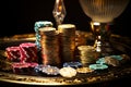 Stacks of colorful casino chips and shiny gold coins piled high on a luxurious golden tray with a beautifully blurred background Royalty Free Stock Photo