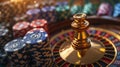 Stacks of Colorful Chips and Roulette Wheel in a Casino Setting Royalty Free Stock Photo