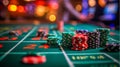 Stacks of colorful chips on a vibrant roulette table, capturing the excitement and anticipation of casino gambling. Royalty Free Stock Photo