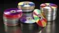 Multiple stacks of colorful compact discs on a dark reflective surface, symbolizing information technology and entertainment Royalty Free Stock Photo