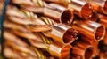 Stacks of copper coils in industrial storage. Close-up industrial photography Royalty Free Stock Photo