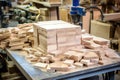 stacks of cut wooden pieces ready for footstool assembly