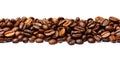Stacks of dark brown roasted coffee beans lined up horizontally on a white background that can be stitched together seamlessly.