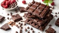 Stacks of dark chocolate bars with chocolate chips, raspberry and pieces of chocolate on white background Royalty Free Stock Photo