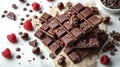 Stacks of dark chocolate bars with chocolate chips, raspberry and pieces of chocolate on white background. Top view