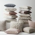 Stacks of decorative pillows in various textures and colors are displayed. The pillows Royalty Free Stock Photo