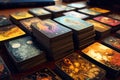 Stacks of different tarot cards with intricate illustrations. Esoteric and occult background. Fortune telling and