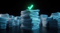 Stacks of documents with glowing check mark symbolizing approval