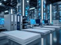 Stacks of documents and ring binders in a modern data center office environment with blurred server racks and computer screens in Royalty Free Stock Photo