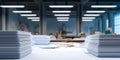 Stacks of documents and sheets of paper on a large office table in a modern workspace with bright lighting and blurred Royalty Free Stock Photo