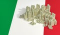 Stacks of 100 Dollar banknotes on Italy national flag.