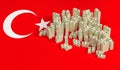 Stacks of 100 Dollar banknotes on Turkey national flag.