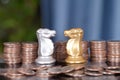 Stacks of dollar coins in front of the two chess pieces of the horse chess match Royalty Free Stock Photo