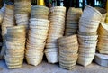Stacks of empty handmade bamboo weaved baskets