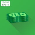 Stacks of euro cash icon. Business concept dollar money pictogram. Vector illustration on green background with long shadow. Royalty Free Stock Photo